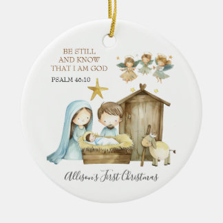 Nativity Manger Scene Bible Verse First Christmas Keramik Ornament