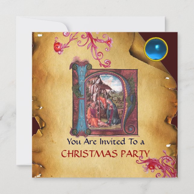 NATIVITY MONOGRAM CHRISTMAS PARCHMAS Blaues Spiel Einladung (Vorderseite)