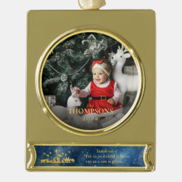 Nativity Photo Holiday Baby Announcement Isaiah Banner-Ornament Gold