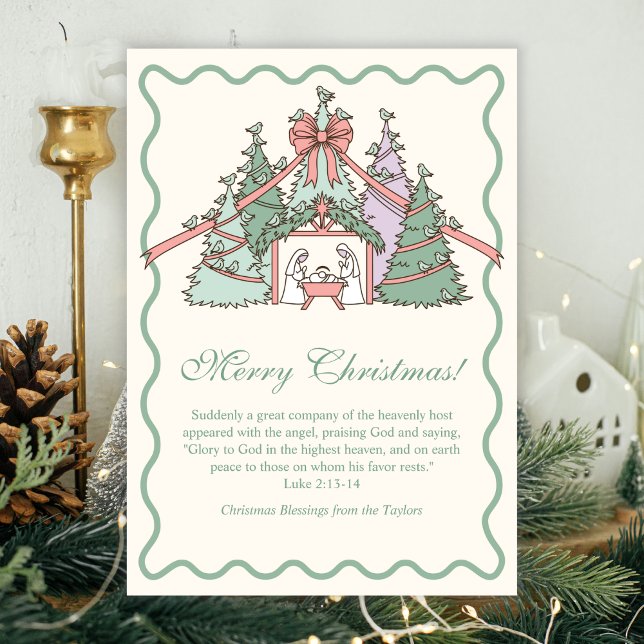 Nativity & Scripture Christian Merry Christmas Feiertagskarte (Pastel Nativity & Scripture Christmas Card)