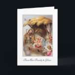 Nativity St. Joseph Jungfrau Mary Baby Jesus Angel Feiertagskarte<br><div class="desc">Dies ist ein wunderschönes,  traditionell katholisch-religiöses Vintages Bild der Jungfrau Mary,  St. Joseph und Engel,  die auf das Christenkind schauen,  während Er in der Verwaltung liegt. Alle Texte und Schriftart können geändert werden.</div>
