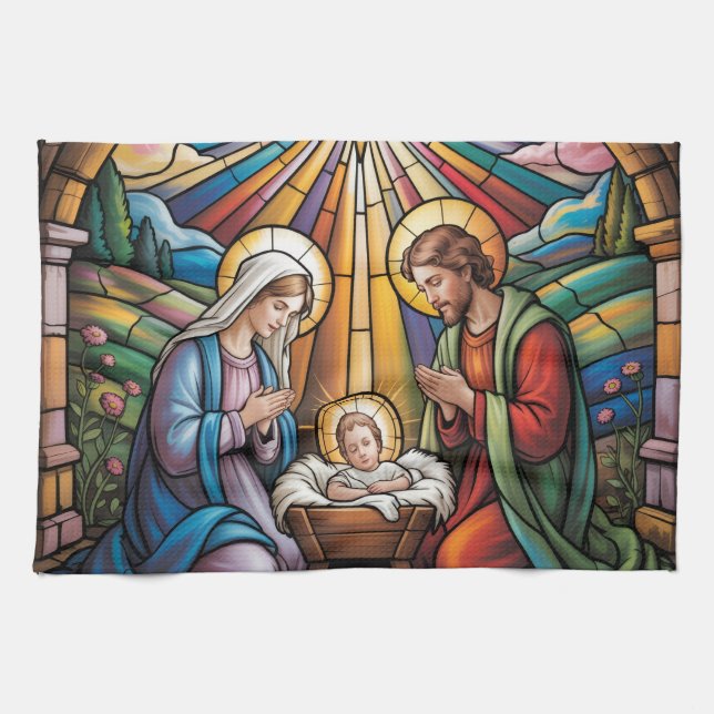 Nativity Stained Glass Art – Holy Family Christmas Geschirrtuch (Horizontal)