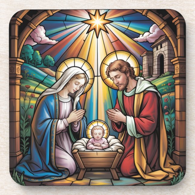 Nativity Stained Glass Art – Holy Family Christmas Getränkeuntersetzer (Vorderseite)