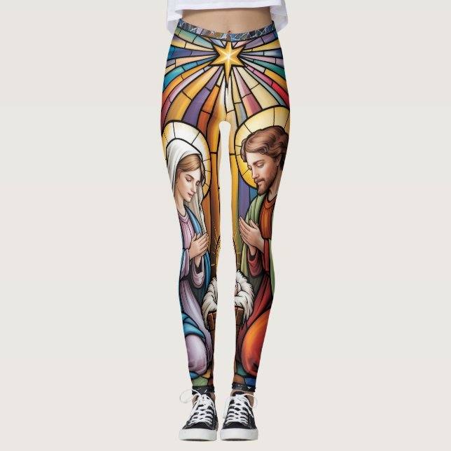 Nativity Stained Glass Art – Holy Family Christmas Leggings (Vorderseite)