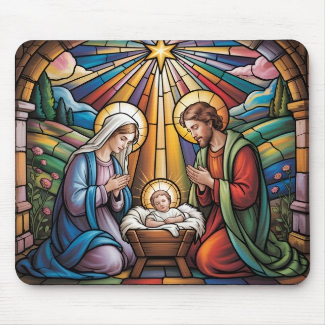 Nativity Stained Glass Art – Holy Family Christmas Mousepad (Vorne)