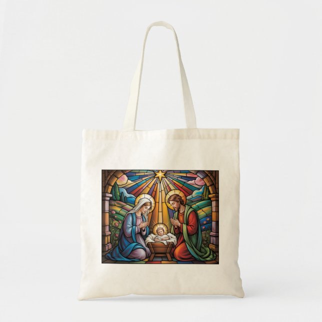 Nativity Stained Glass Art – Holy Family Christmas Tragetasche (Vorne)