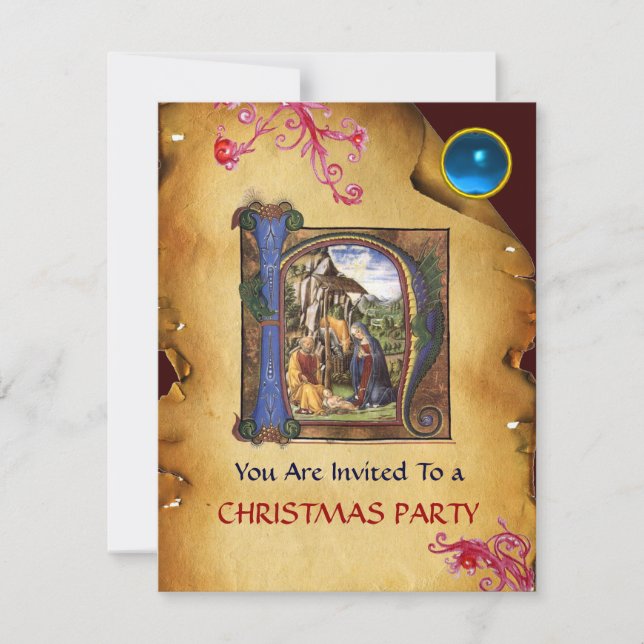 NATIVITY XMAS PARCHMENT Blue Saphir Monogramm Einladung (Vorderseite)