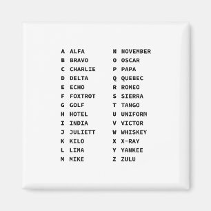 NATO-Aussprachealphabet Alfa-Zulu Zweispalten-Diag Magnet