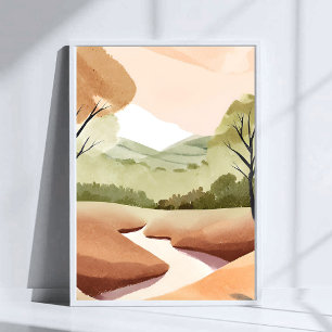 Natur Fluss   Natürliche Wasserfarbenlandschaft Poster