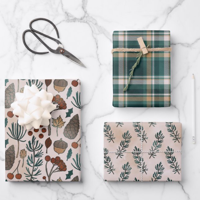 Natur & Karierter Urlaub auf Grün Geschenkpapier Set (Vorderseite)