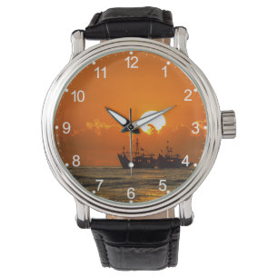 Natur Landschaft Sonnenuntergang mit Boot-68465 Armbanduhr
