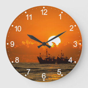 Natur Landschaft Sonnenuntergang mit Boot-68465 Große Wanduhr