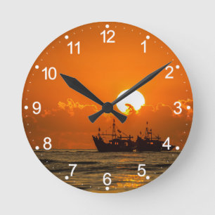 Natur Landschaft Sonnenuntergang mit Boot-68465 Runde Wanduhr