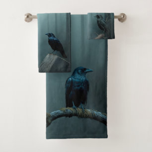 Natur Nebeliger Wald Vogel Raben und Krähen Badhandtuch Set