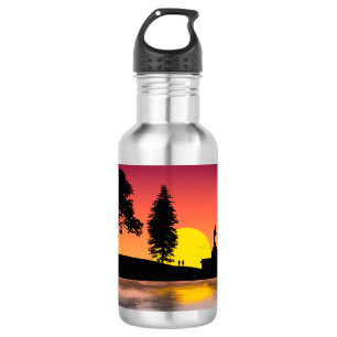 Natur See Bäume Paar Silhouette Kunstwerk Edelstahlflasche