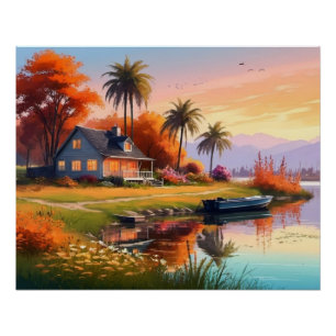 Natur Sonnenuntergang Malerei mit See, Hütte Poster