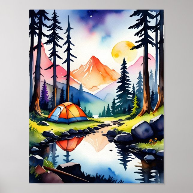 Natur Wasserfarbe Sonnenuntergang Camping Poster (Vorne)