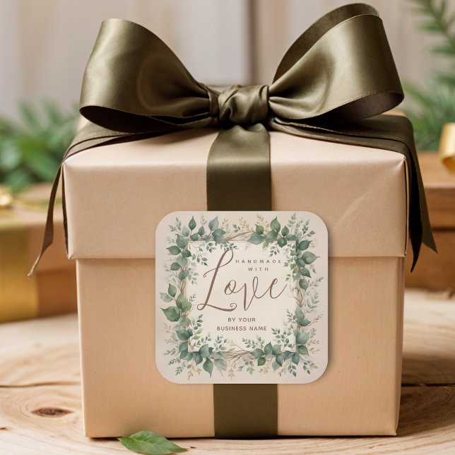 Natural Creative Branches & Leaves for Artisan Quadratischer Aufkleber (Natural Rustic Soft Brown Creative Branches & Leaves Handmade with Love Quote Square Stickers.)