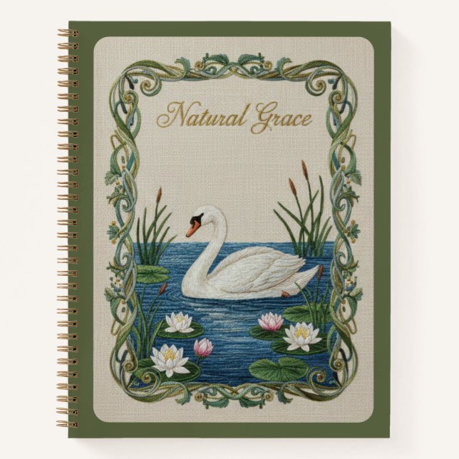 Natural Grace Embroidered Swan Water Lily Notizbuch (Vorderseite)