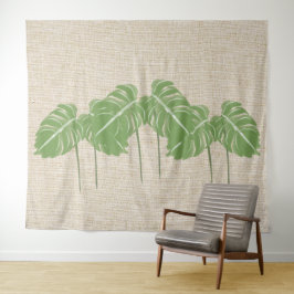 Natural Linen Texture Monstera Blätter Wasserfarbe Wandteppich