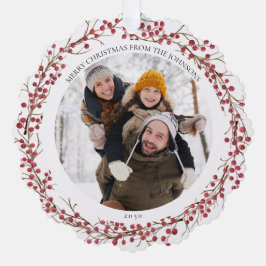 Natural Red Berry Frohe Weihnachts Foto Wreath Ornament Karte