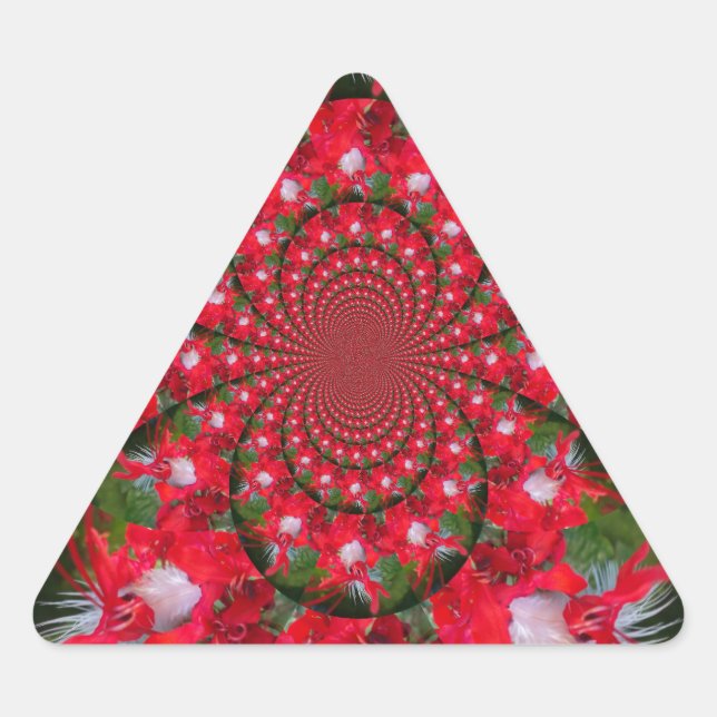 Natural Red Blume White Feather kaleidoscope art Dreieckiger Aufkleber (Vorderseite)