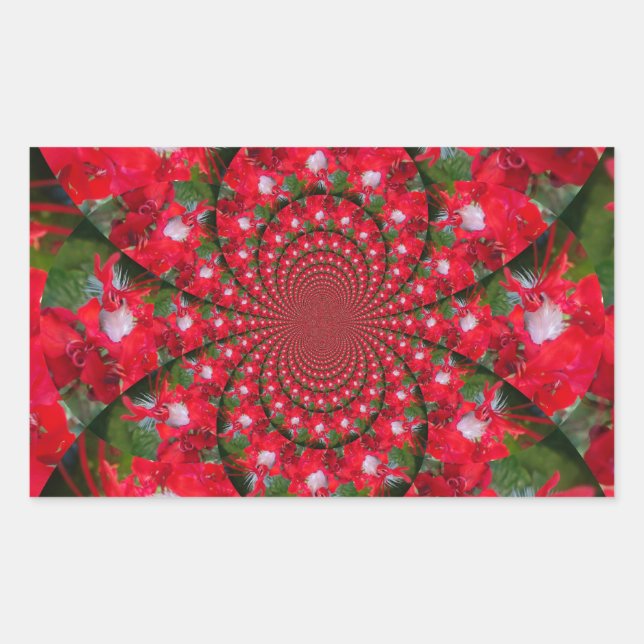 Natural Red Blume White Feather kaleidoscope art Rechteckiger Aufkleber (Vorderseite)