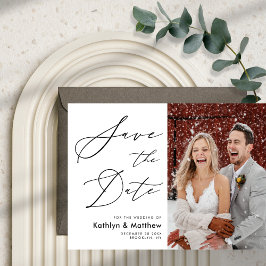 Natural White Elegant Script Moderne Foto Hochzeit Save The Date