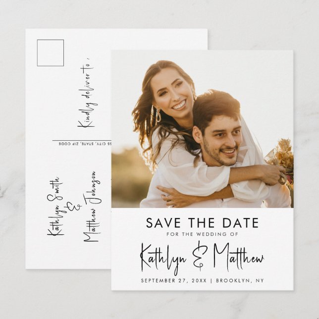 Natural White Fun Script Moderne Foto Wedding Gere Ankündigungspostkarte (Vorne/Hinten)