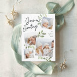 Naturally Joyful | Christmas Photo Collage Feiertagskarte<br><div class="desc">Our beautiful rustic chic holiday photo card features four of your favorite square family photos in a collage layout. "Season's Greetings" appears at the top in hand lettered script typography on a white chalkboard background accented with light green watercolor botanical foliage for a beautiful nature-inspired look. Customize with your family...</div>