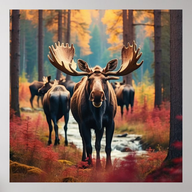 *~* Nature AP49 MOOSE Forest PINES STREAM Poster (Vorne)