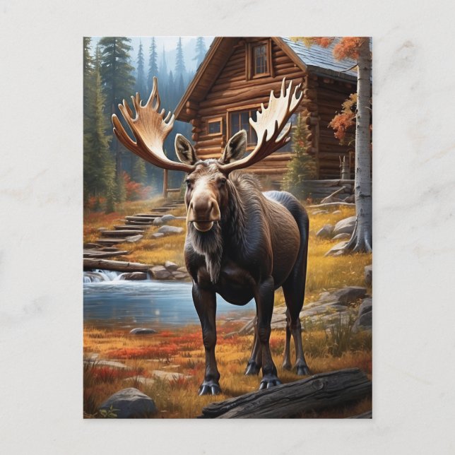 *~* Nature AP49 Stream MOOSE Forest Hütte Kabine Postkarte (Vorderseite)