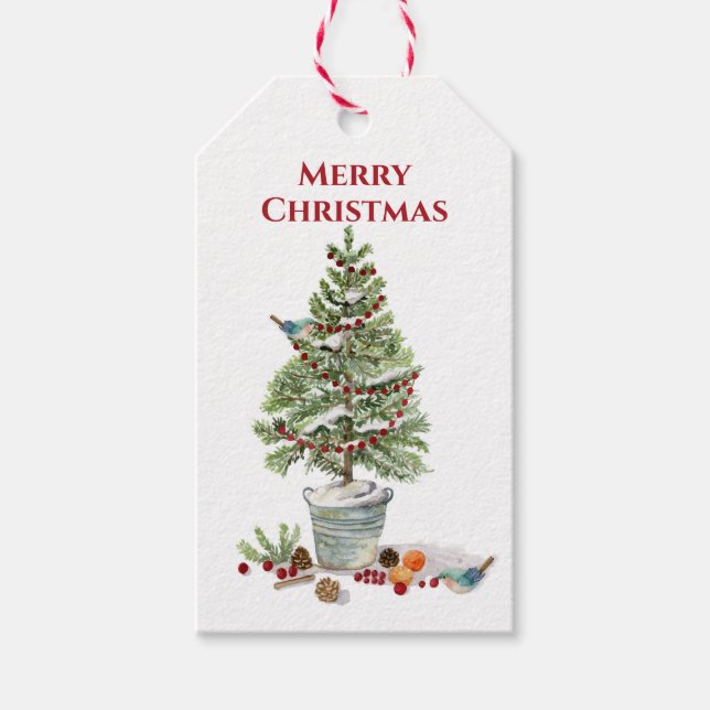 Nature Bird Christmas Tree Wasserfarbe Rustikal Ka Geschenkanhänger (Vorderseite)