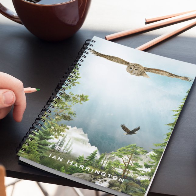 Nature Lover Owl Monogram Name Mountain Landscape  Notizblock (Von Creator hochgeladen)