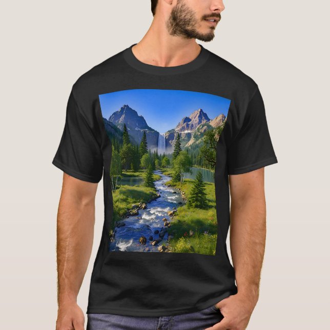 Nature Mountains Waterfall River Trees Flowers T-Shirt (Vorderseite)