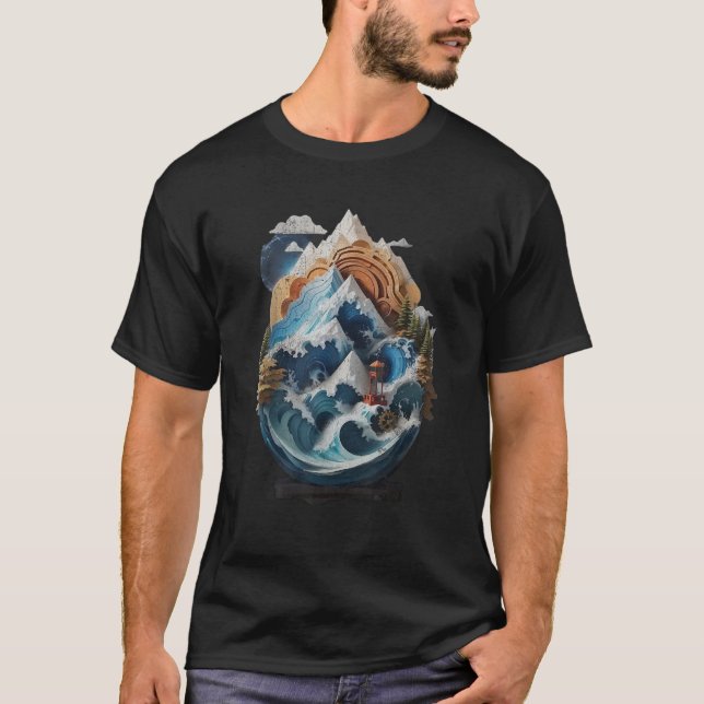 Nature s Harmony Waves Mountains and Lighthouse  T-Shirt (Vorderseite)