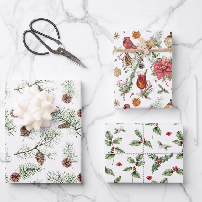 Nature Themed Christmas Greenery Red Bird Pine Geschenkpapier Set (Vorderseite)