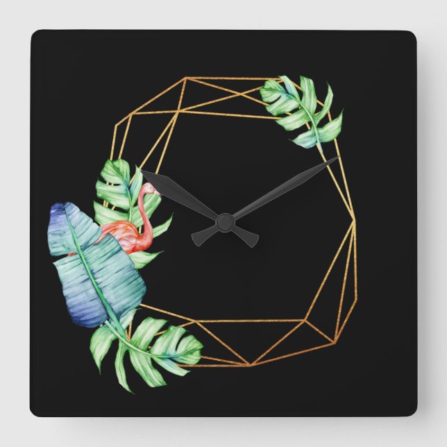 Nature Tropical Black Gold Flamingo Leaf Poligonal Quadratische Wanduhr (Vorderseite)