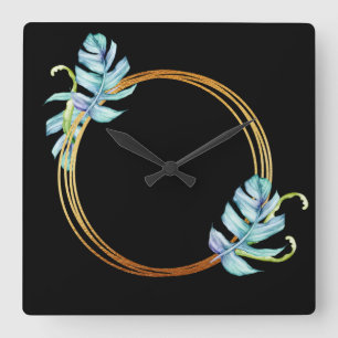 Nature Tropical Blue Gold Monstera Leaf Wreath Quadratische Wanduhr