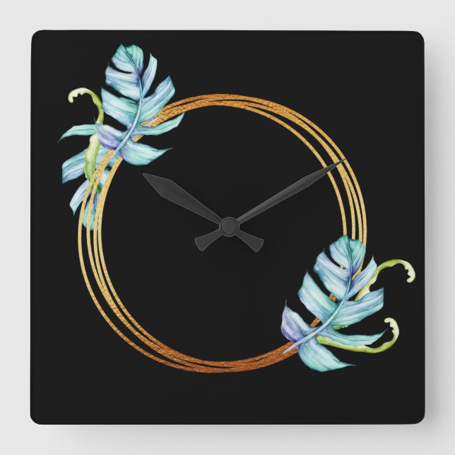 Nature Tropical Blue Gold Monstera Leaf Wreath Quadratische Wanduhr (Vorderseite)