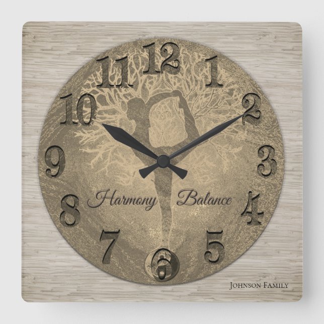 Nature Yoga Tree of Life Quadratische Wanduhr (Vorderseite)