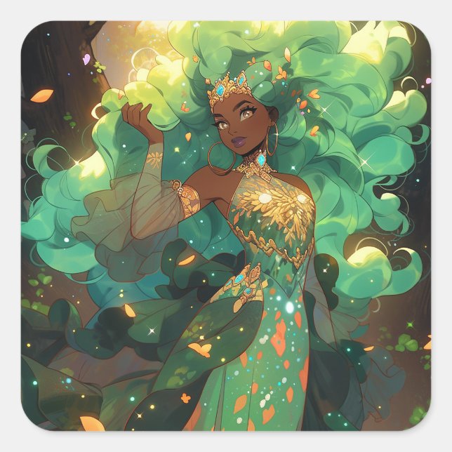 Naturegoddess African American Fantasy Art Quadratischer Aufkleber (Vorderseite)