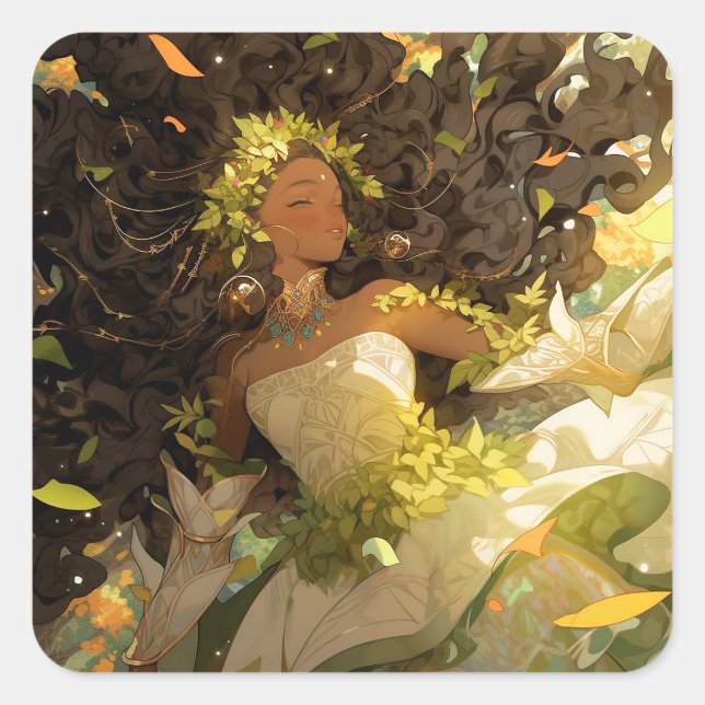 Naturegoddess African American Fantasy Art Quadratischer Aufkleber (Vorderseite)