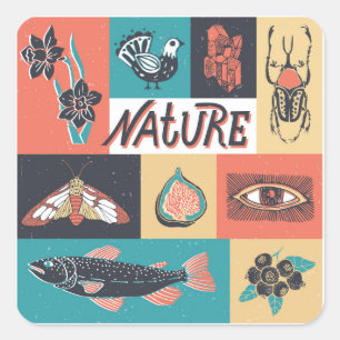 Naturelemente, Retrostil-Symbole. Quadratischer Aufkleber