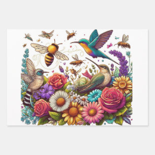 Nature's Ballet Hummingbirds Bees Amidst Blume Geschenkpapier Set