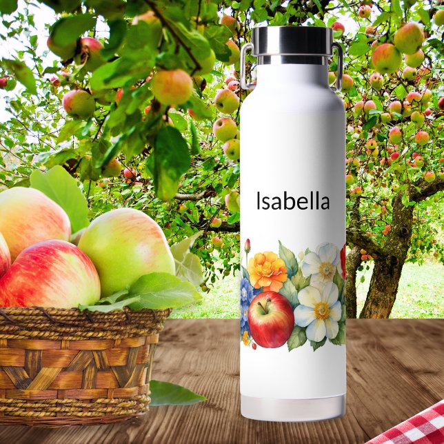 Nature's Fruit and Blume Apple Marigold Trinkflasche (A personalized metal water bottle, with rustic, nature themed design of an apple with flowers)