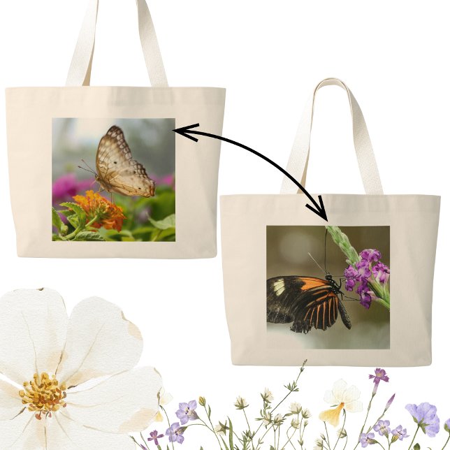 Naturfotografie-Schmetterling auf der Blume Jumbo Stoffbeutel (Butterflies and wildflowers double-sided tote bags for spring and summer are pretty and practical.)