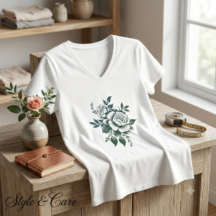Naturinspirierter Rosenblüten-V-Ausschnitt Damen T-Shirt