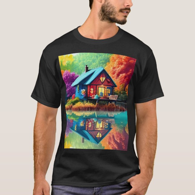Naturlandschaft Illustration mit Hütte des Sees T-Shirt (Vorderseite)