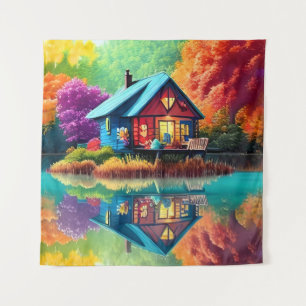 Naturlandschaft Illustration mit Hütte des Sees Wandteppich